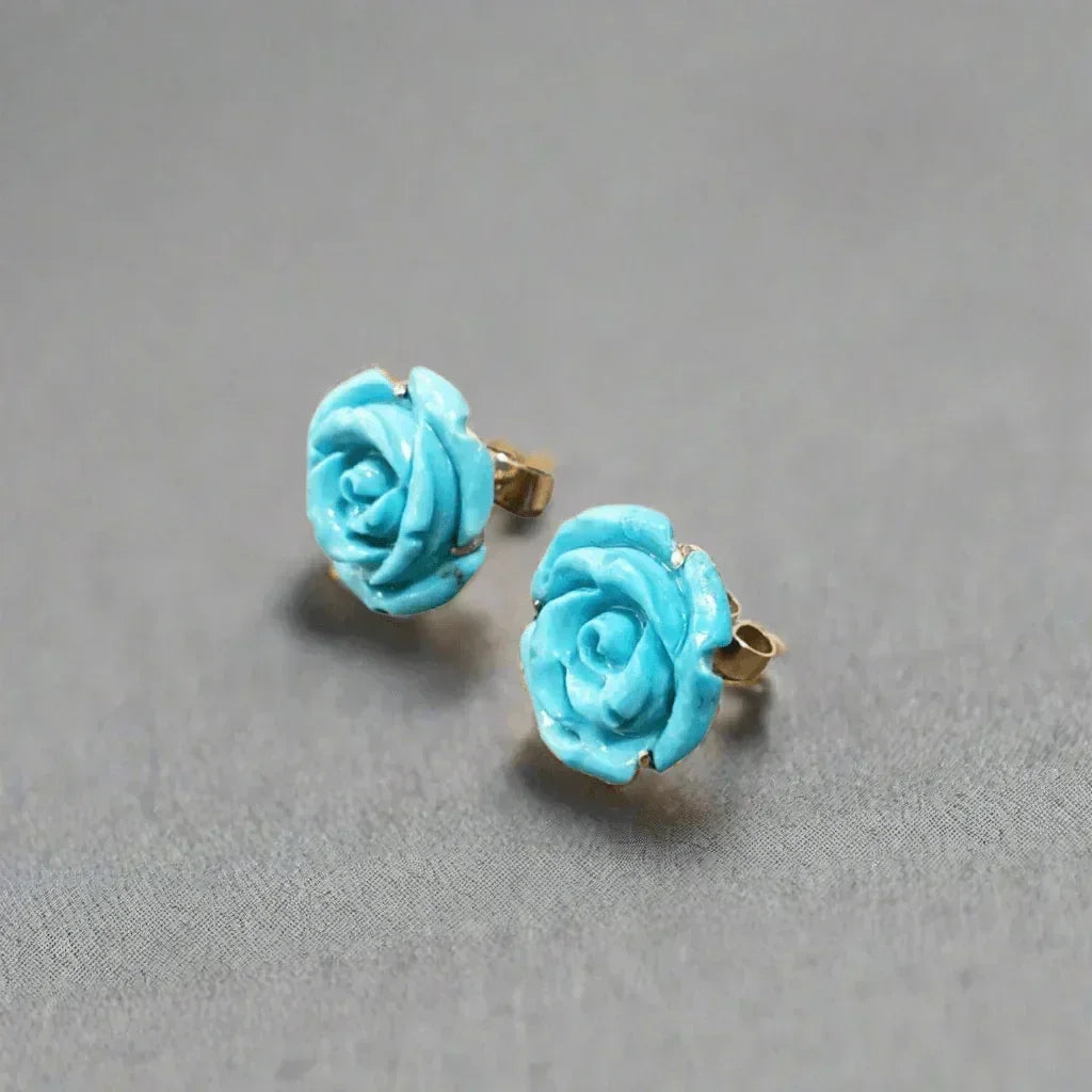 18k Gold Arizona Turquoise Flower Carving Earring - K Jewelry Accessories