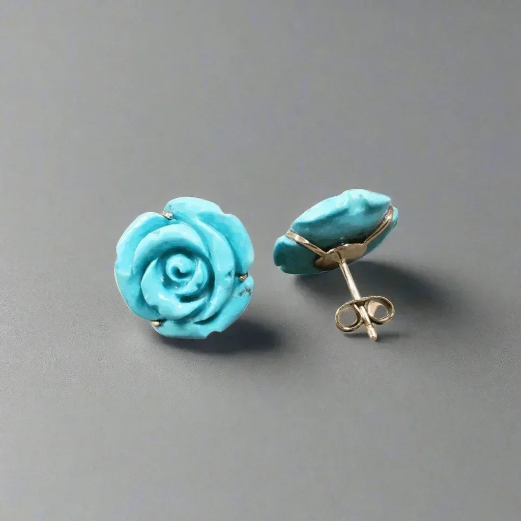 18k Gold Arizona Turquoise Flower Carving Earring - K Jewelry Accessories