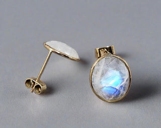 14k Gold Oval Rainbow Moonstone Studs Earrings - K Jewelry Accessories