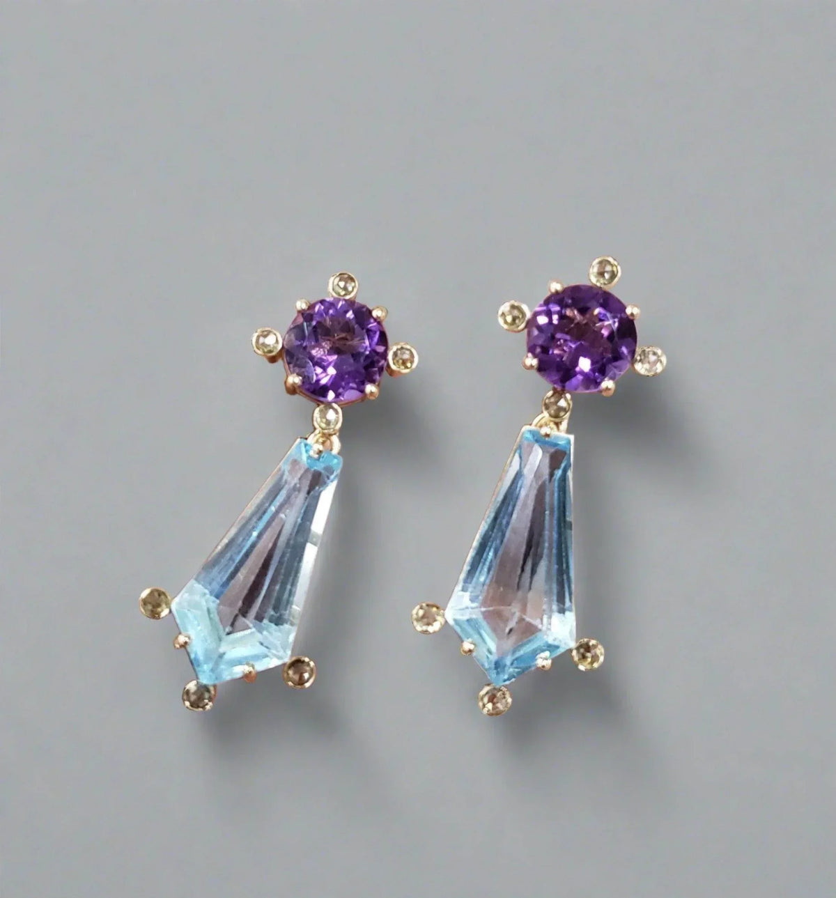 14k Gold Amethyst Stud Earrings with Sky Blue Topaz - K Jewelry Accessories