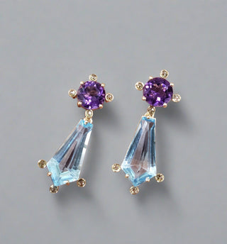 14k Gold Amethyst Stud Earrings with Sky Blue Topaz - K Jewelry Accessories