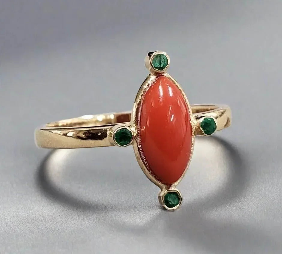 14k Gold Coral with Emerald Ring - K Jewelry Accessories
