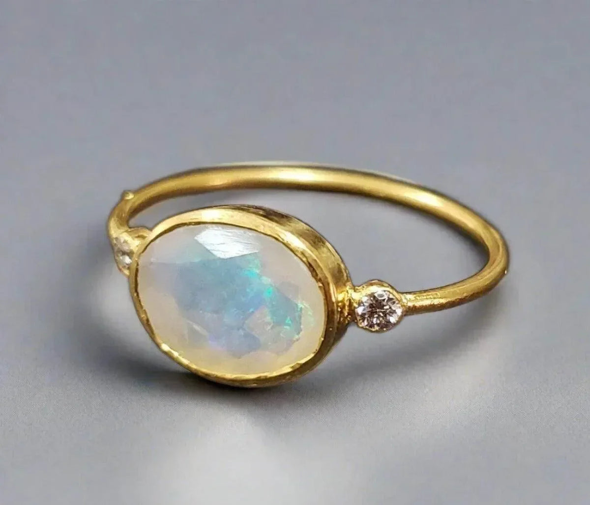 18k Gold Opal With Diamond Ring Round Birthstone jewelry - K Jewelry Accessories