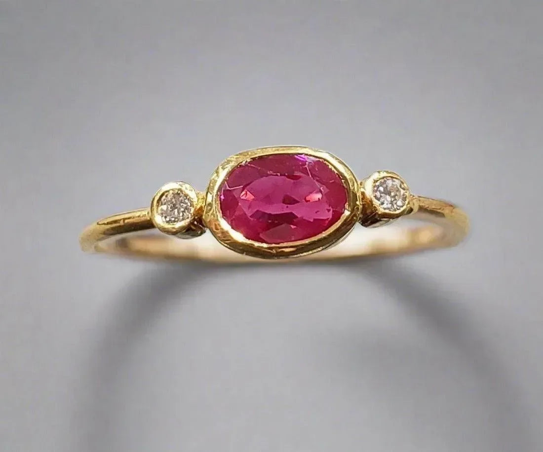 18k Gold Oval Ruby Ring With Diamond Minimalist Stones - K Jewelry Accessories
