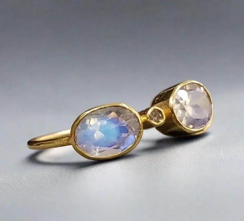 Dainty 18k Gold Rainbow Moonstone Ring With Diamond - K Jewelry Accessories
