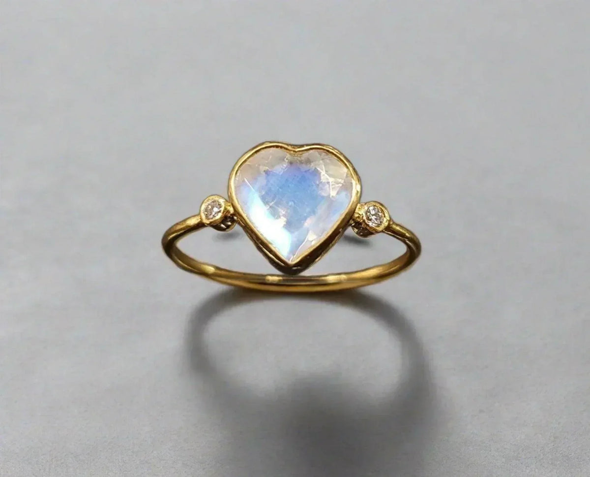 18k Gold Rainbow Moonstone and Diamond Ring Heart shape - K Jewelry Accessories
