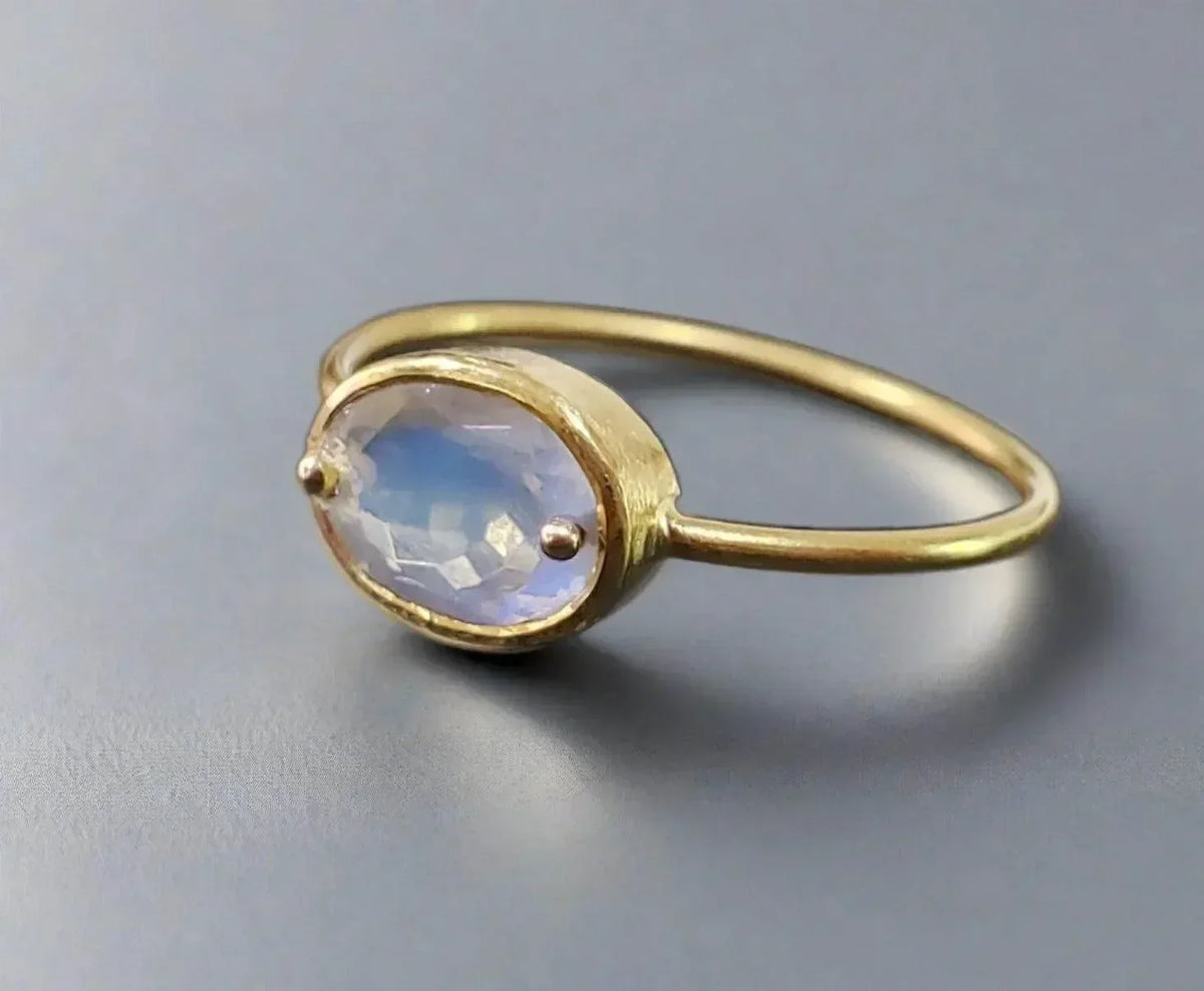 18k Gold Rainbow Moonstone Ring Oval Beautiful - K Jewelry Accessories