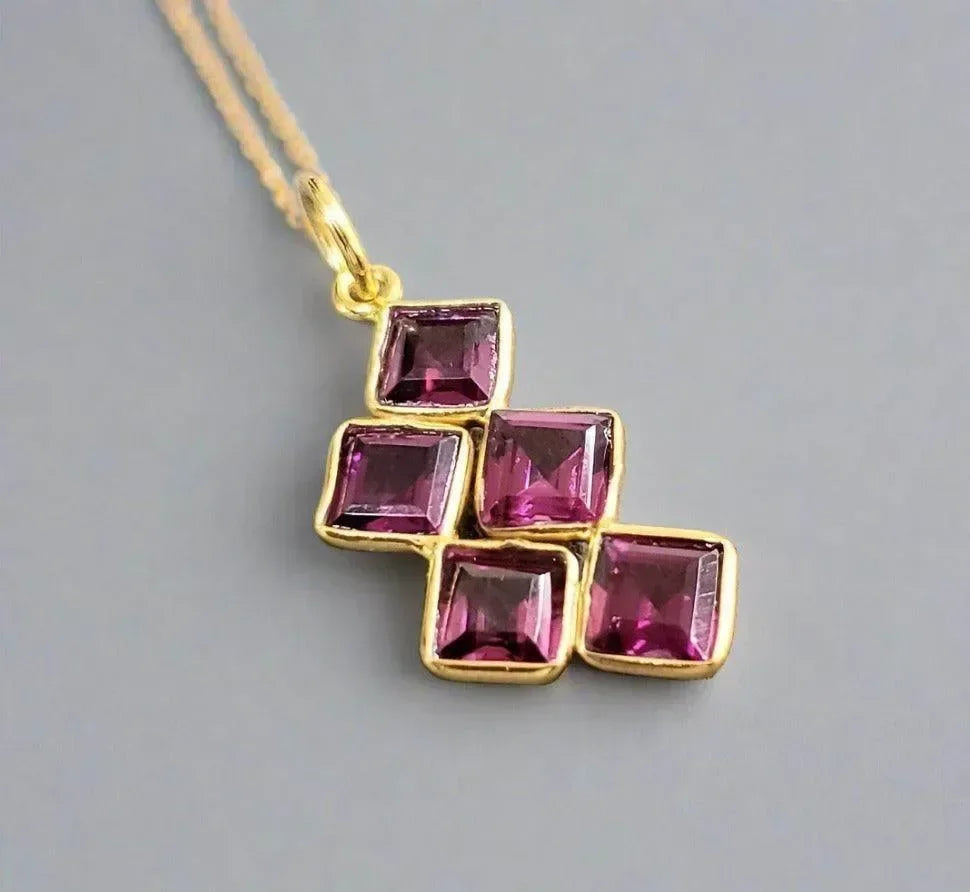 925 Gold Vermeil Rhodolite Garnet Pendant 5 stone - K Jewelry Accessories