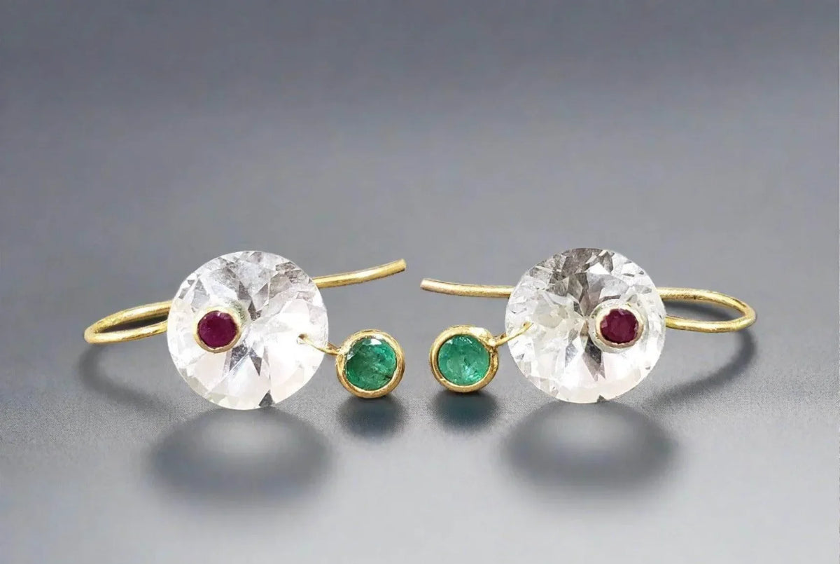 White Topaz with Emerald, Ruby Stones 18k Designer Gold Earrings - K Jewelry Accessories