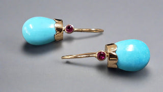 18k Gold Natural Turquoise Earrings with Ruby Stones - K Jewelry Accessories