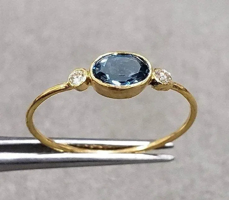18k Gold London Blue Topaz & Diamond Ring For Women - K Jewelry Accessories
