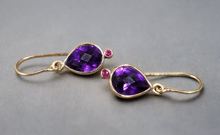 14k Gold Briolette Cut Amethyst & Ruby Earring - February Birthstone Month Dangling Earrings