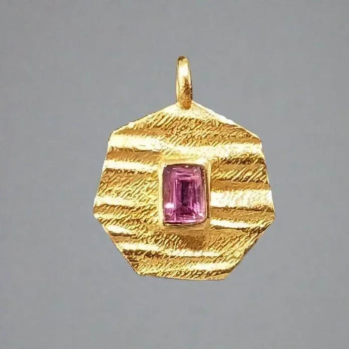 Gold Vermeil Hexagon Shape Pink Tourmaline Charm Pendant - K Jewelry Accessories