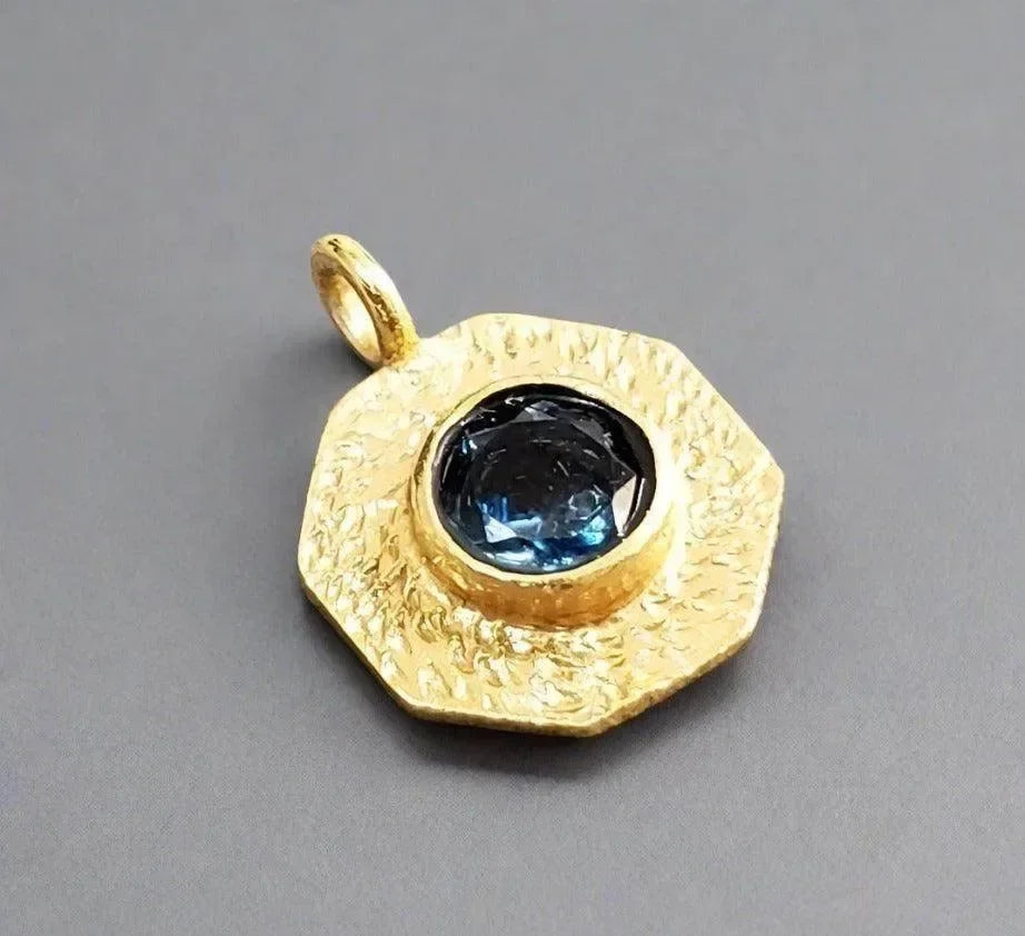 Gold Vermeil London Blue Topaz Charm Octagon Shape Hammered - K Jewelry Accessories
