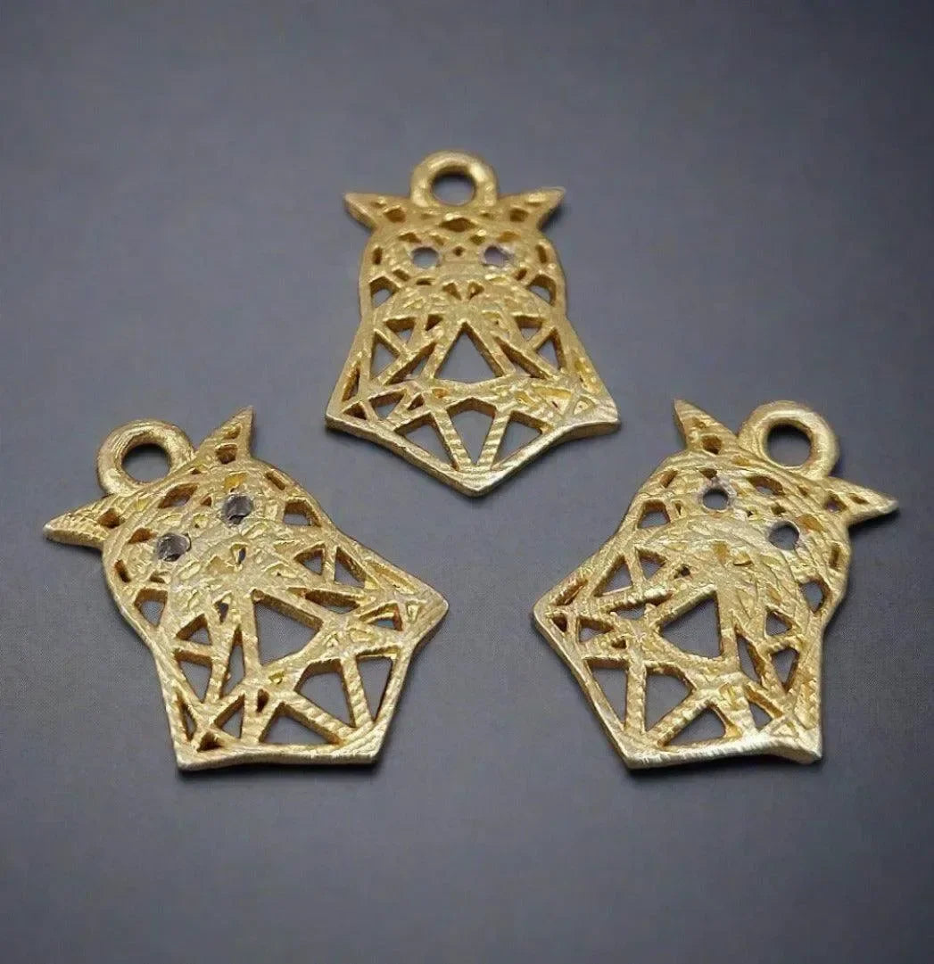 Gold filigree owl charms for jewelry making, elegant and detailed animal pendants
