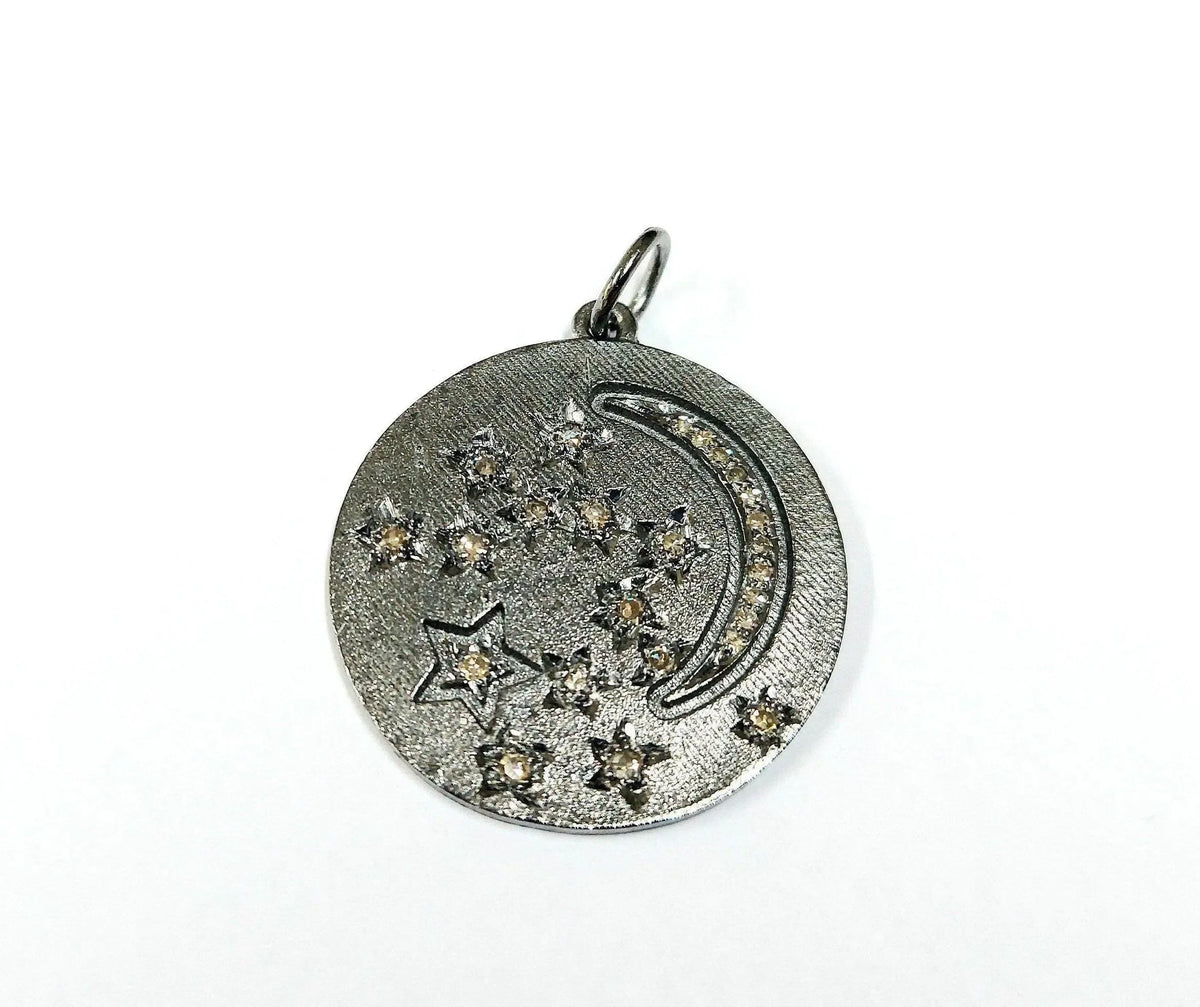 925 Silver Diamond Pendant Coin Shape Stars and moon Charm - K Jewelry Accessories