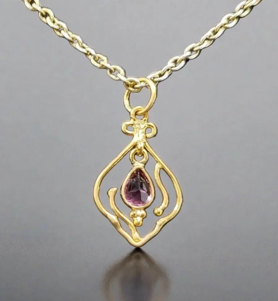 18k Gold Pink Tourmaline Necklace Dainty Pendant Drop Shape - K Jewelry Accessories