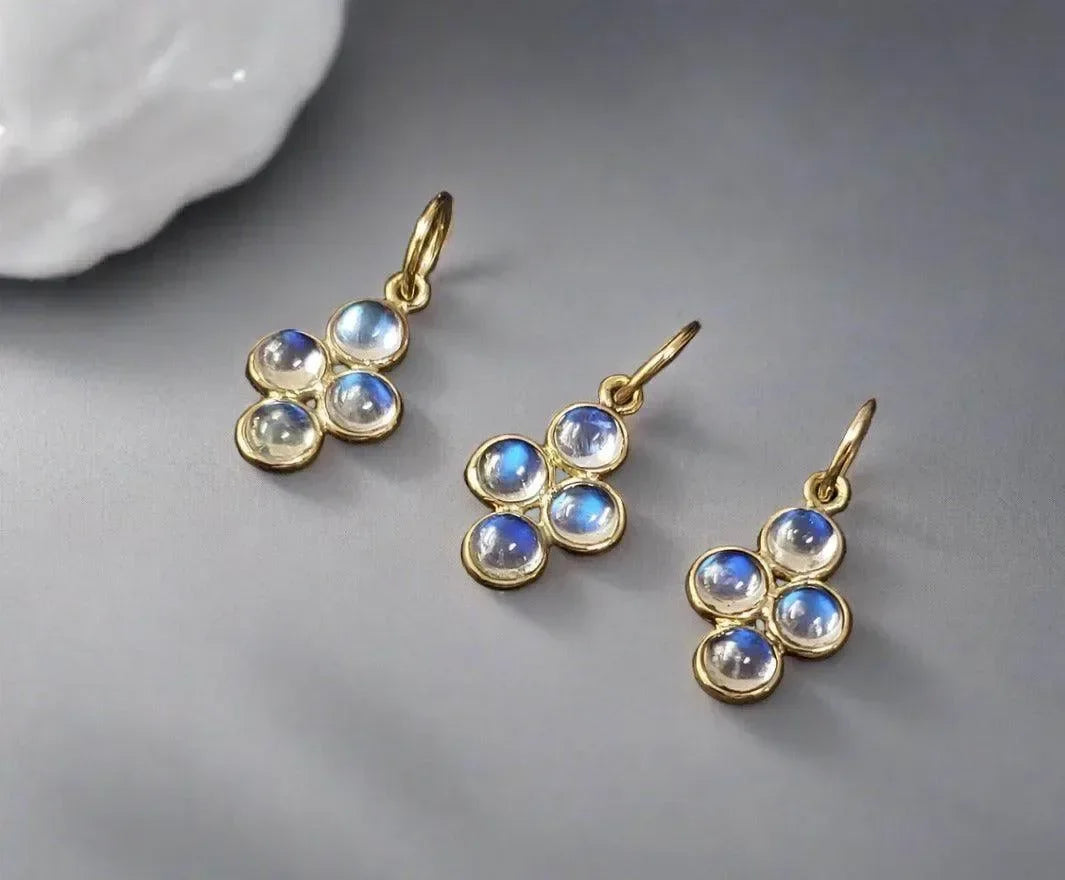 14k Gold Rainbow Moonstone Pendant Four stone Charm - K Jewelry Accessories