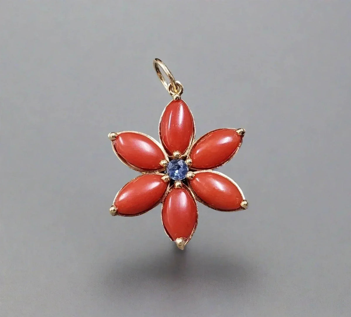 14k Gold Flower Shape Italian Coral Gemstone & Blue Sapphire Pendant - K Jewelry Accessories