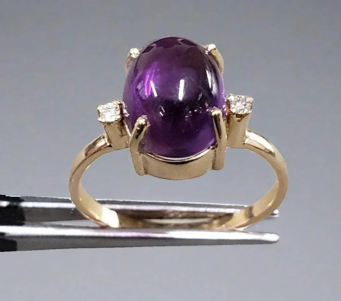 14k Gold Amethyst Cabochon & Diamond Ring - K Jewelry Accessories