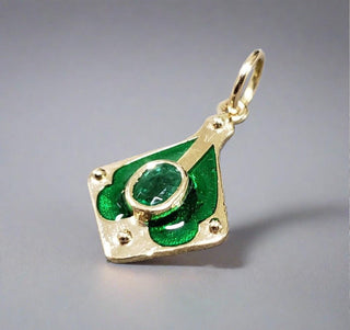 14k Gold Green Enamel & Zambian Emerald Pendant - K Jewelry Accessories