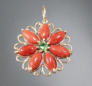 14k Gold Red Coral & Tsavorite Flower Blossom Pendant - K Jewelry Accessories