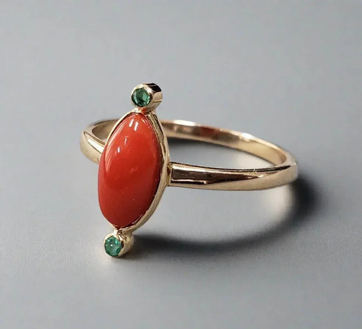 14k Gold Marquise Coral & Emerald Ring - K Jewelry Accessories