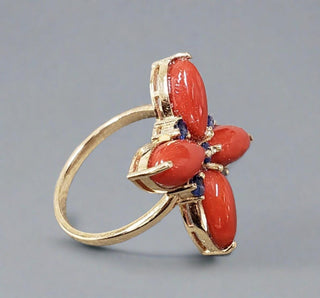 14k Gold Coral with Blue Sapphire Ring - K Jewelry Accessories