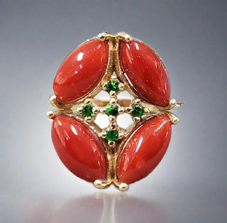 14k Gold Coral with Tsavorite Ring - K Jewelry Accessories