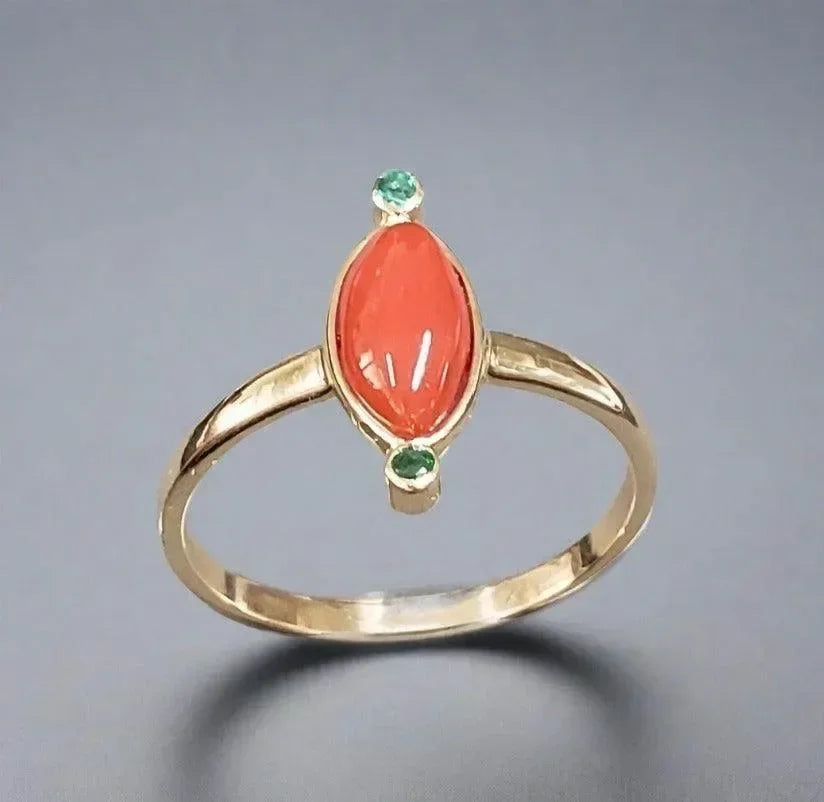14k Gold Marquise Coral & Emerald Ring - K Jewelry Accessories