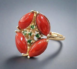 14k Gold Coral with Tsavorite Ring - K Jewelry Accessories