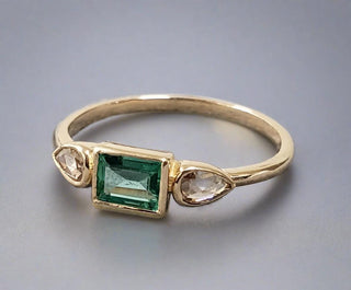 14k Gold Emerald with Rose Cut Diamond Ring - K Jewelry Accessories