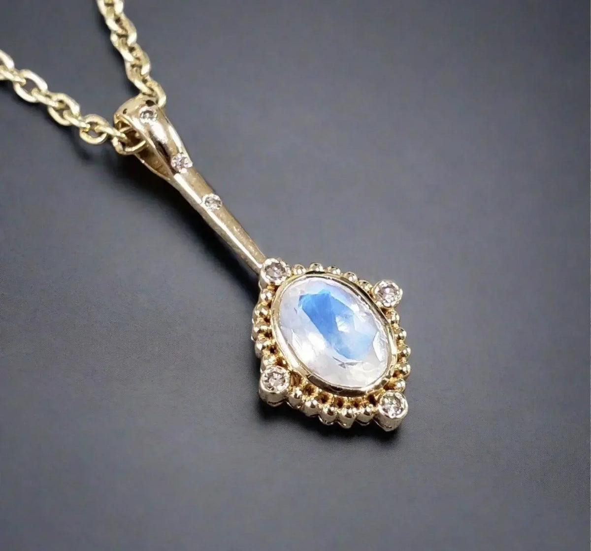14k Gold Rainbow Moonstone Charm & Diamond Pendulum Pendant - K Jewelry Accessories